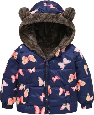 6M to 5T Baby Toddler Winter Fleece Coat Animal Floral Prints Boys Girls Cute Bear Ear Hooded Padded Jackets
