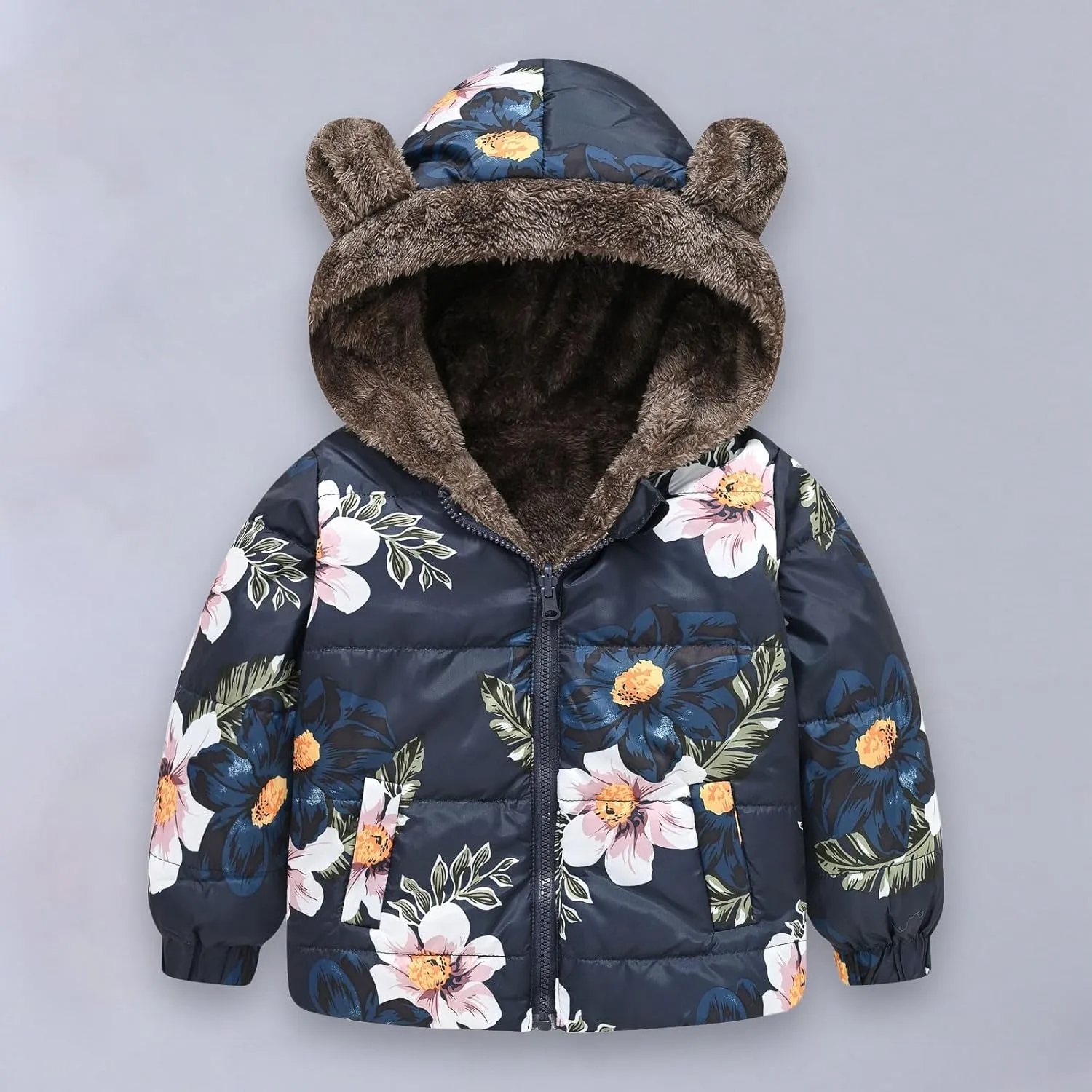 6M to 5T Baby Toddler Winter Fleece Coat Animal Floral Prints Boys Girls Cute Bear Ear Hooded Padded Jackets