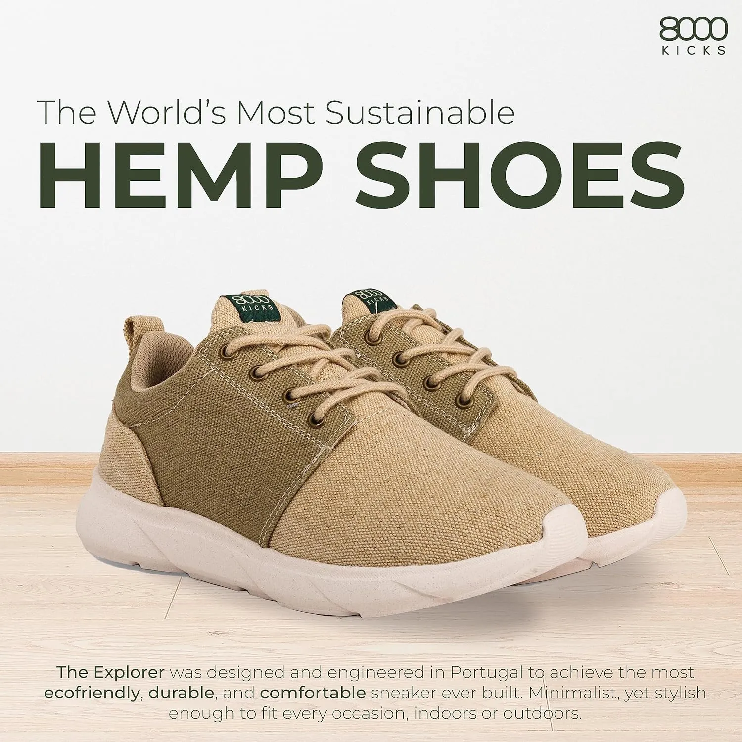 8000Kicks Explorer V2 Hemp Shoes for Men, Waterproof Sneakers for Hiking and Outdoor Activities, Breathable Durable and Comfortable Footwear with Supportive Sole, Sustainable Mens Sneakers