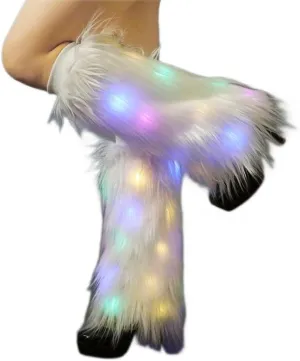 Abien Light Up White Fur Leg Warmers Fuzzy Boot Sleeves with Neon Rave Led Boot Covers for Rave Party Concert Festival Disco for Women
