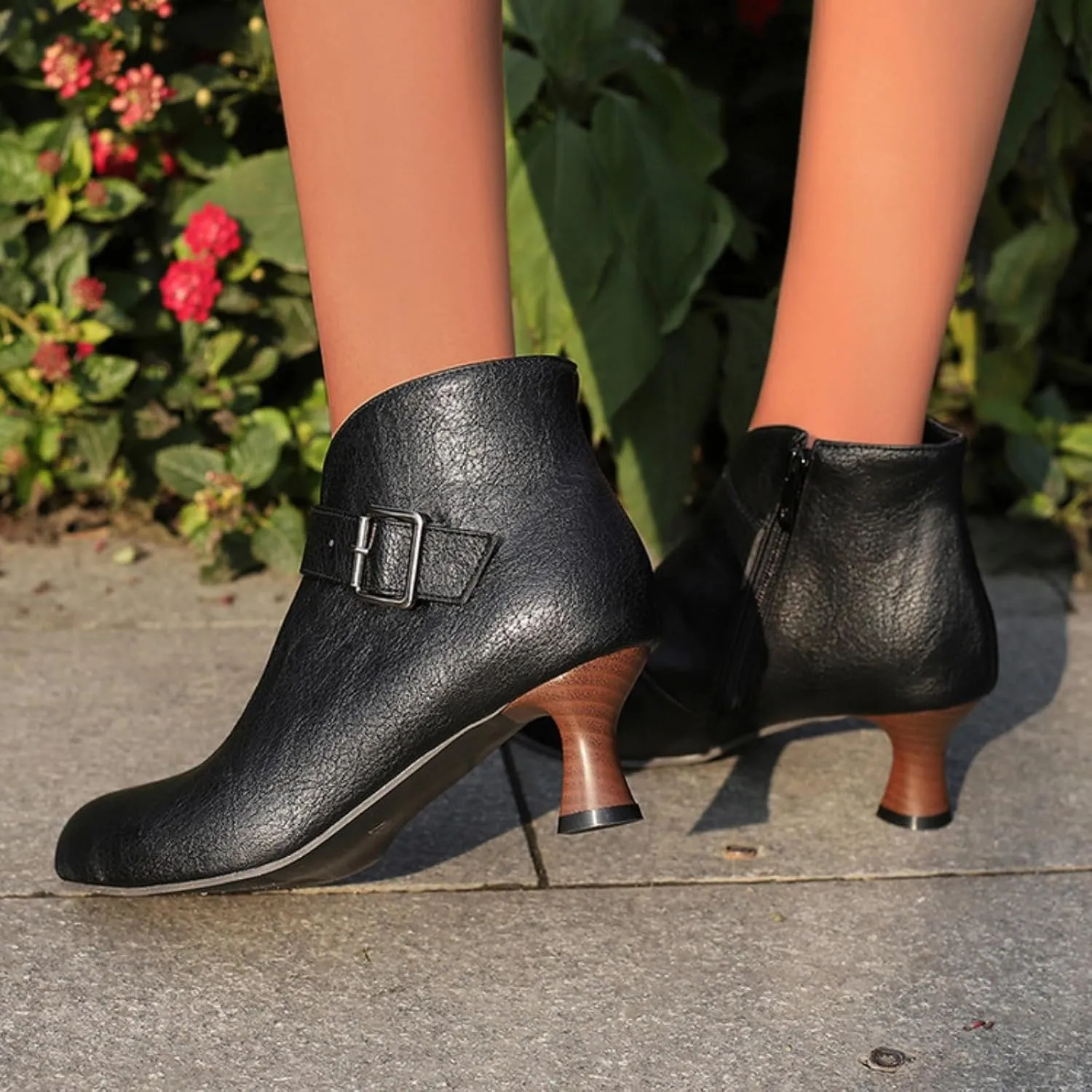 Aflngle Women's Classic Retro Round Toe Hollow Out Side Zipper Belt Buckle Kitten Low Chunky Heels Short Ankle Booties