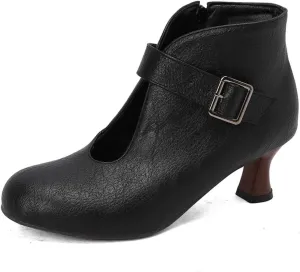 Aflngle Women's Classic Retro Round Toe Hollow Out Side Zipper Belt Buckle Kitten Low Chunky Heels Short Ankle Booties
