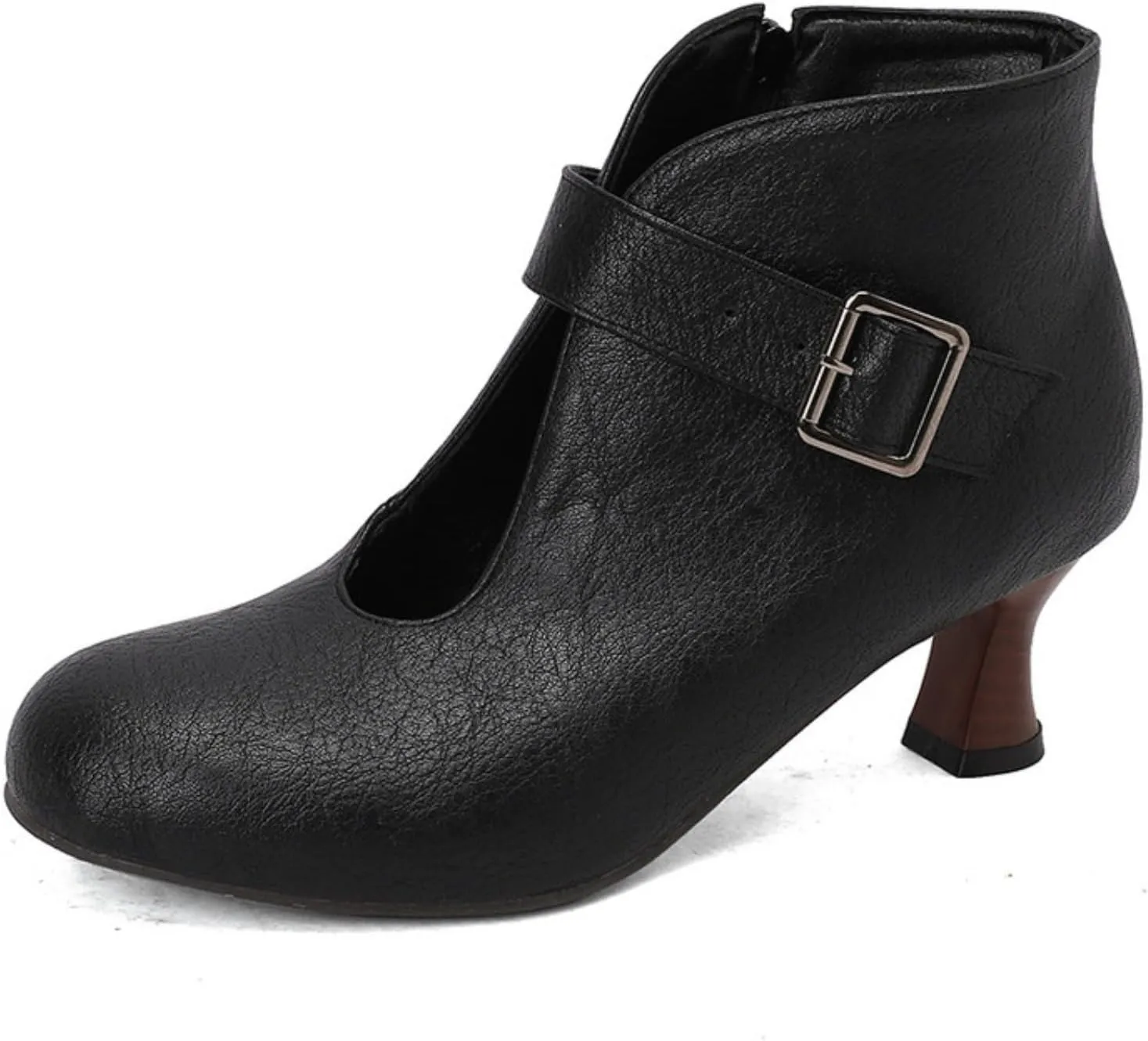Aflngle Women's Classic Retro Round Toe Hollow Out Side Zipper Belt Buckle Kitten Low Chunky Heels Short Ankle Booties