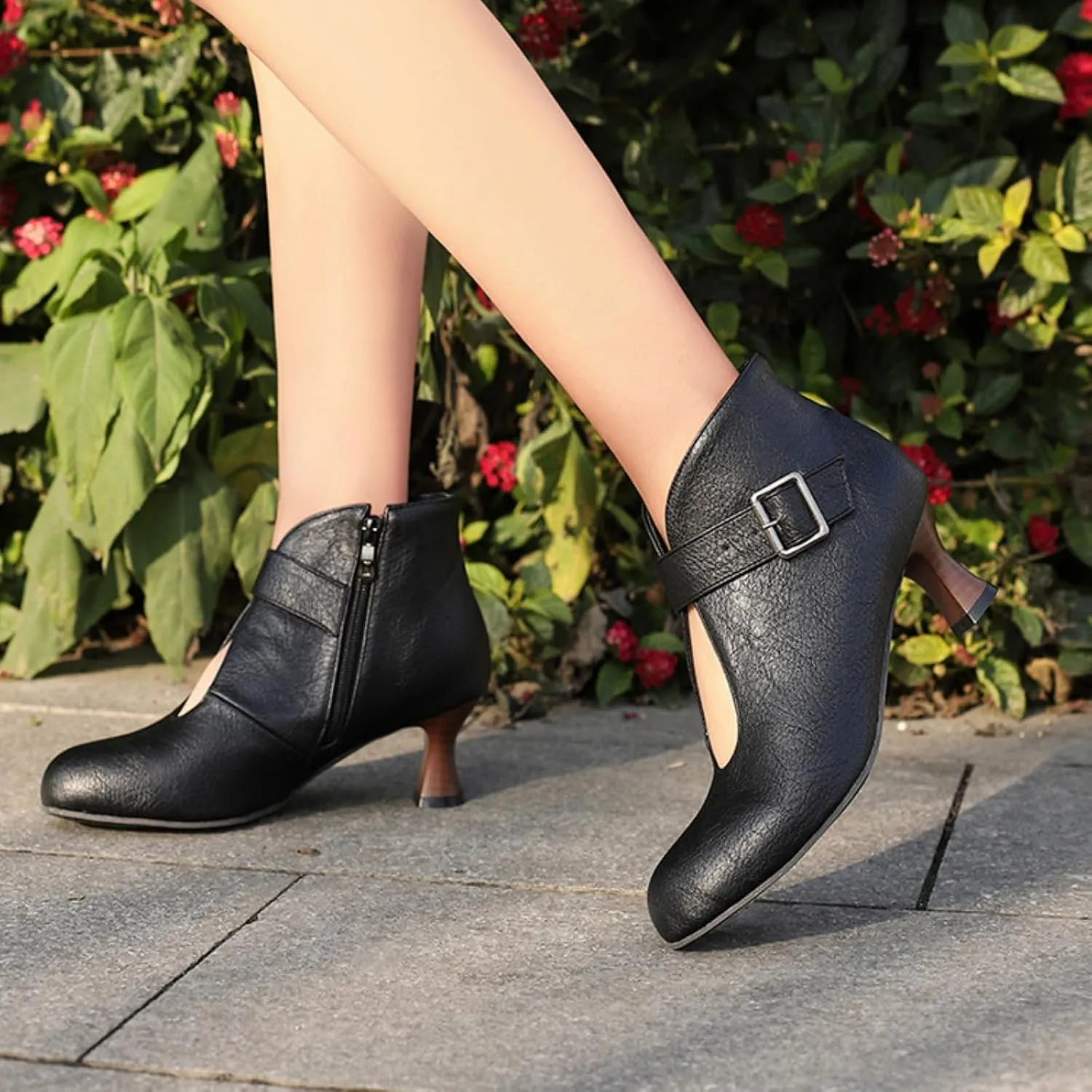 Aflngle Women's Classic Retro Round Toe Hollow Out Side Zipper Belt Buckle Kitten Low Chunky Heels Short Ankle Booties