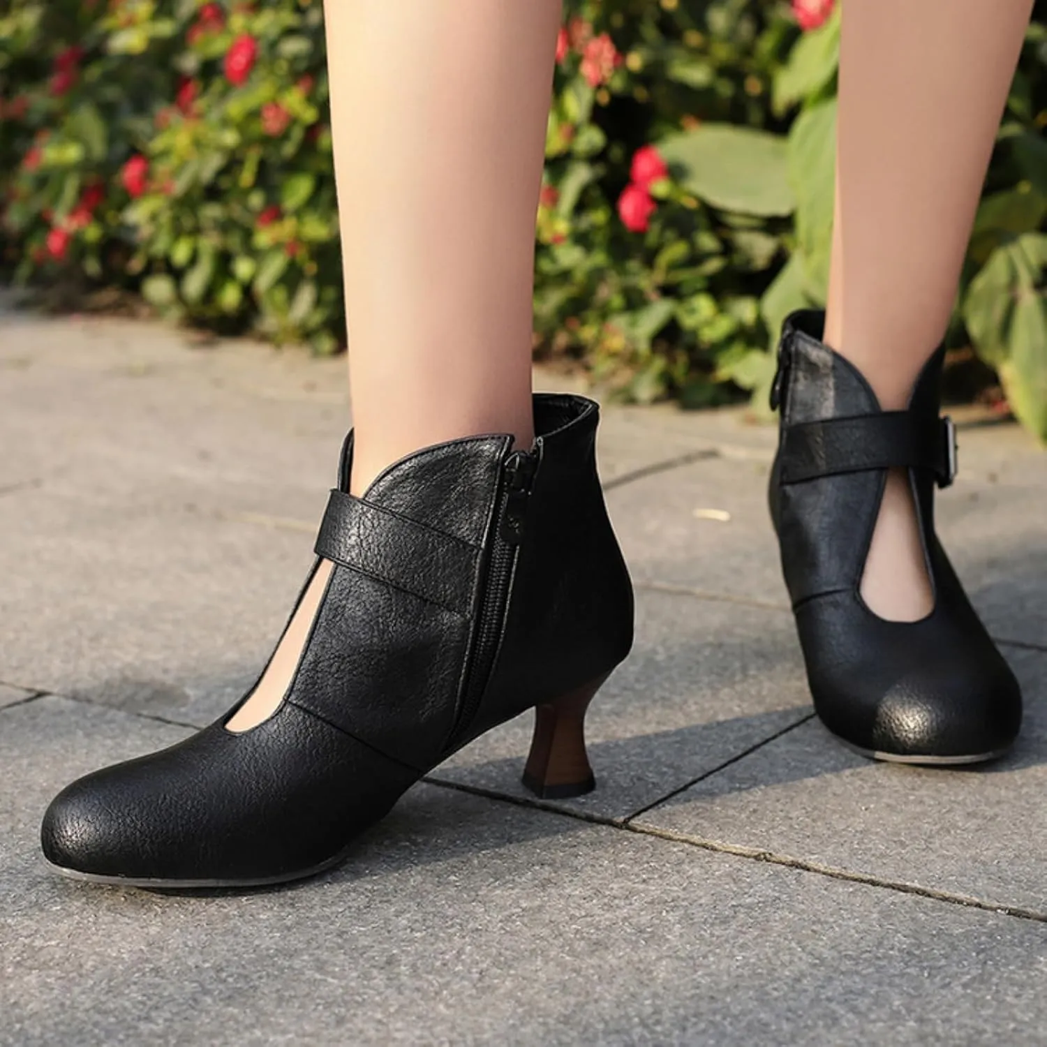 Aflngle Women's Classic Retro Round Toe Hollow Out Side Zipper Belt Buckle Kitten Low Chunky Heels Short Ankle Booties