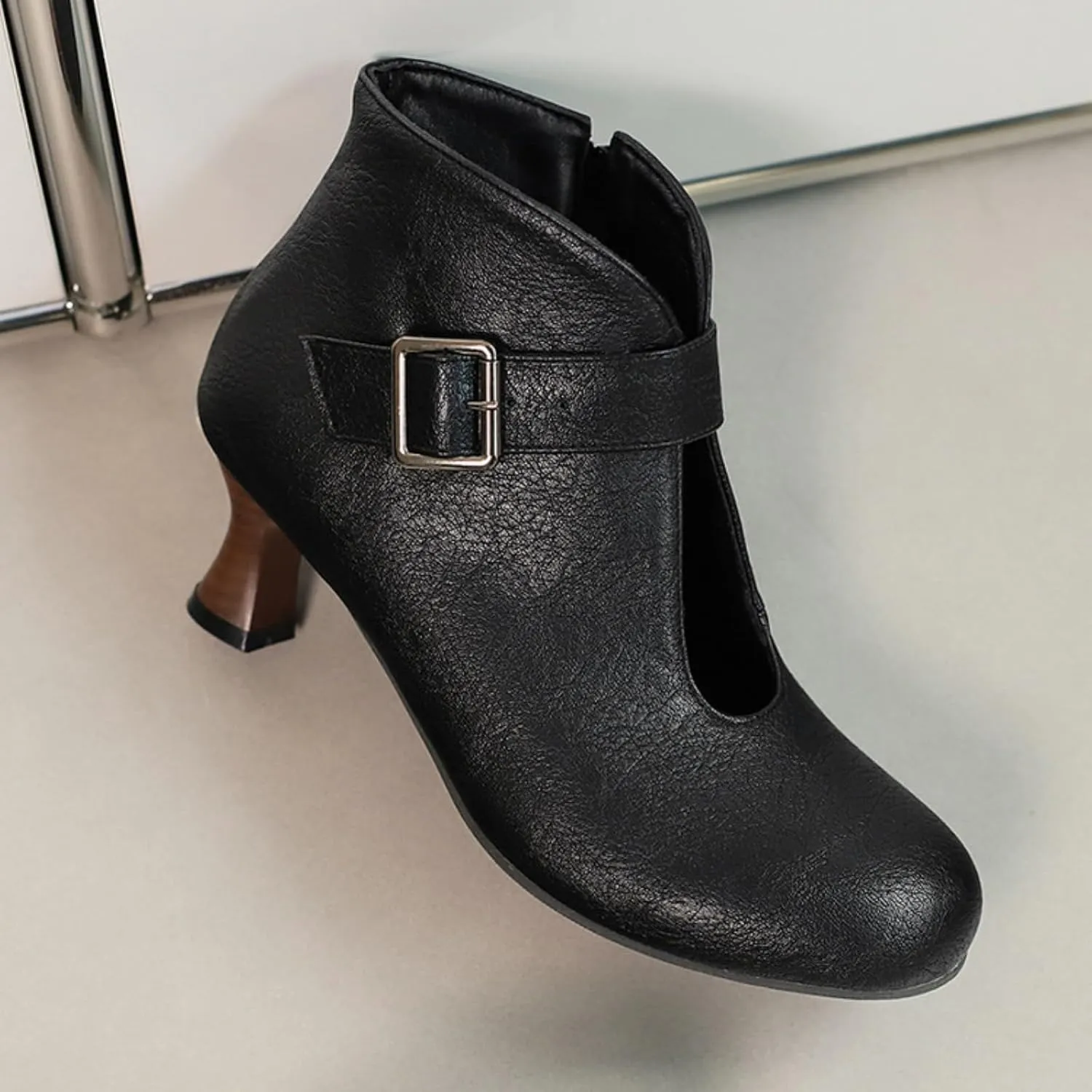 Aflngle Women's Classic Retro Round Toe Hollow Out Side Zipper Belt Buckle Kitten Low Chunky Heels Short Ankle Booties