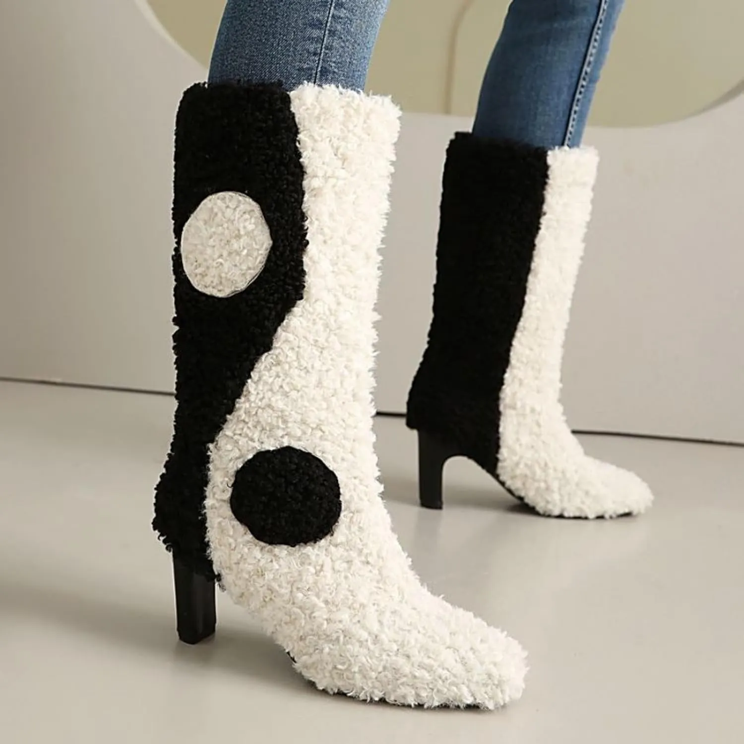 Aflngle Women's Fluffy Furry Mid Calf Boots Fashion Patchwork Color Round Toe Chunky High Heels Shoes Comfortable Winter Warm Fuzzy Pull-On Booties