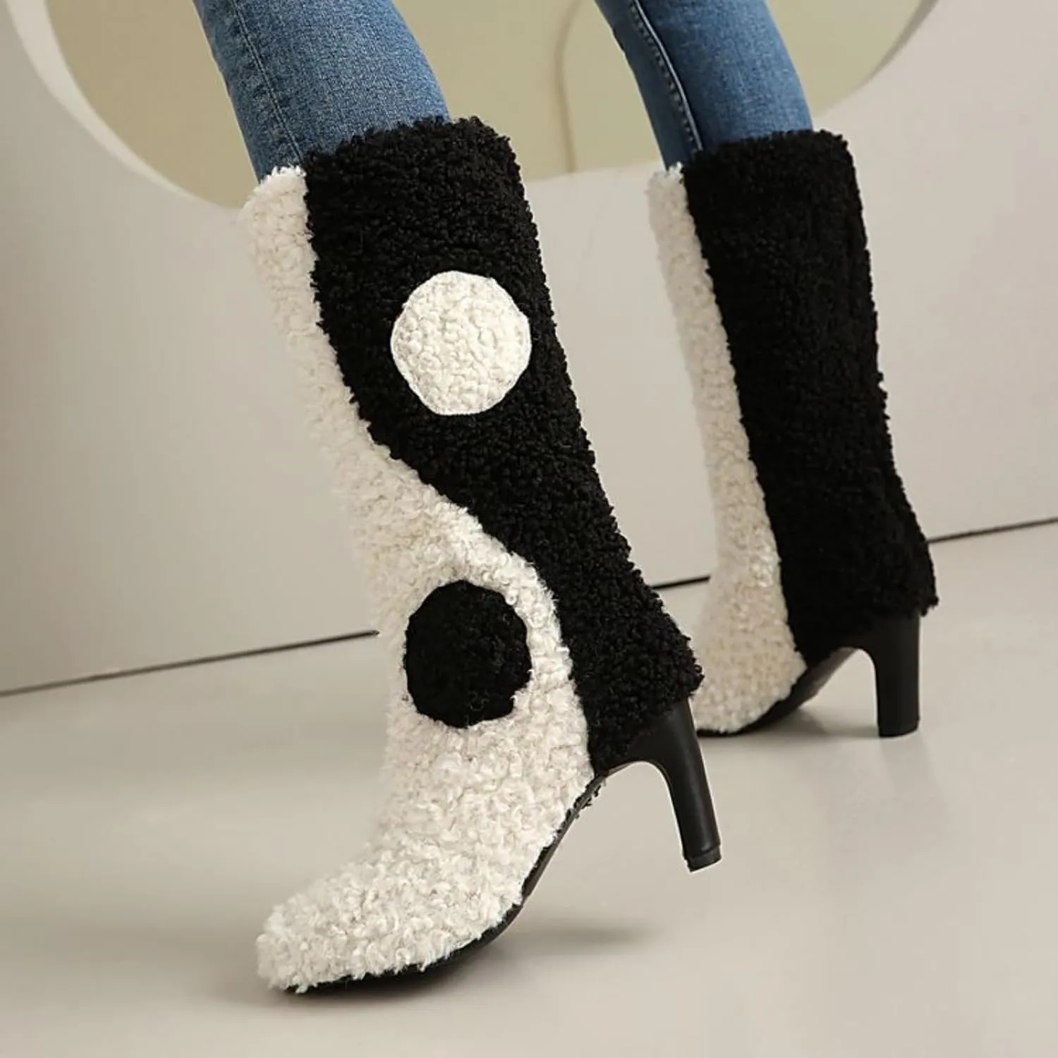 Aflngle Women's Fluffy Furry Mid Calf Boots Fashion Patchwork Color Round Toe Chunky High Heels Shoes Comfortable Winter Warm Fuzzy Pull-On Booties