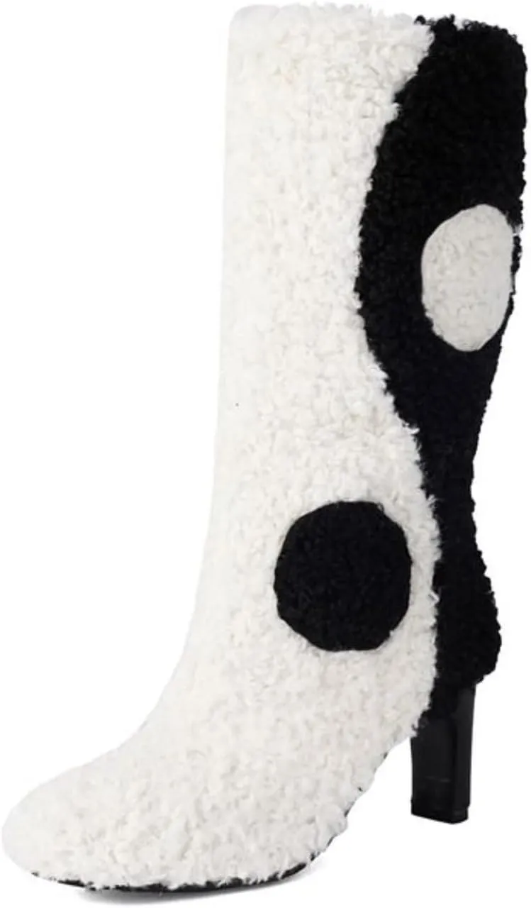 Aflngle Women's Fluffy Furry Mid Calf Boots Fashion Patchwork Color Round Toe Chunky High Heels Shoes Comfortable Winter Warm Fuzzy Pull-On Booties