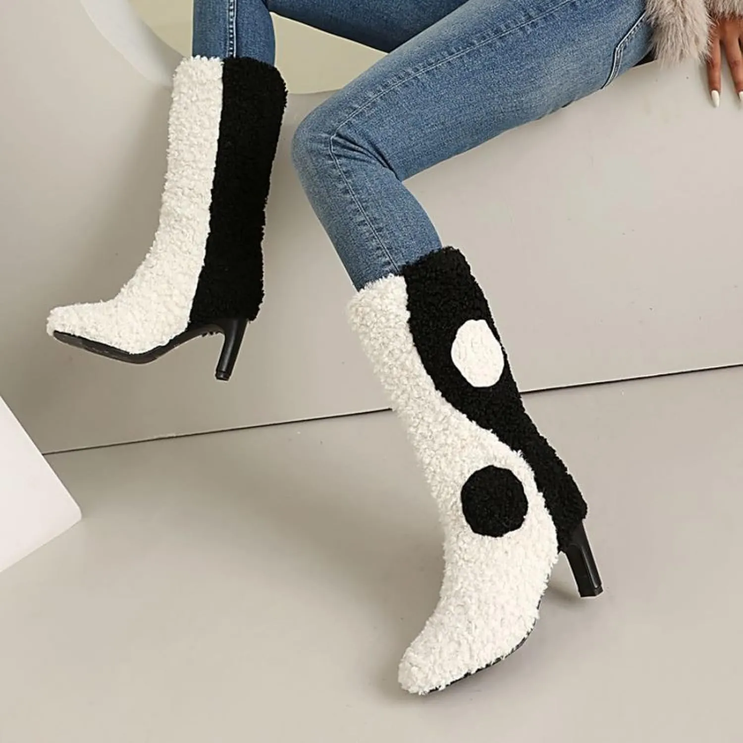 Aflngle Women's Fluffy Furry Mid Calf Boots Fashion Patchwork Color Round Toe Chunky High Heels Shoes Comfortable Winter Warm Fuzzy Pull-On Booties