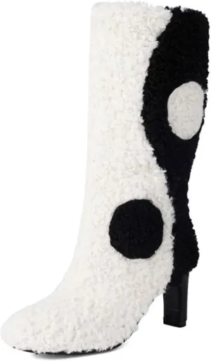 Aflngle Women's Fluffy Furry Mid Calf Boots Fashion Patchwork Color Round Toe Chunky High Heels Shoes Comfortable Winter Warm Fuzzy Pull-On Booties