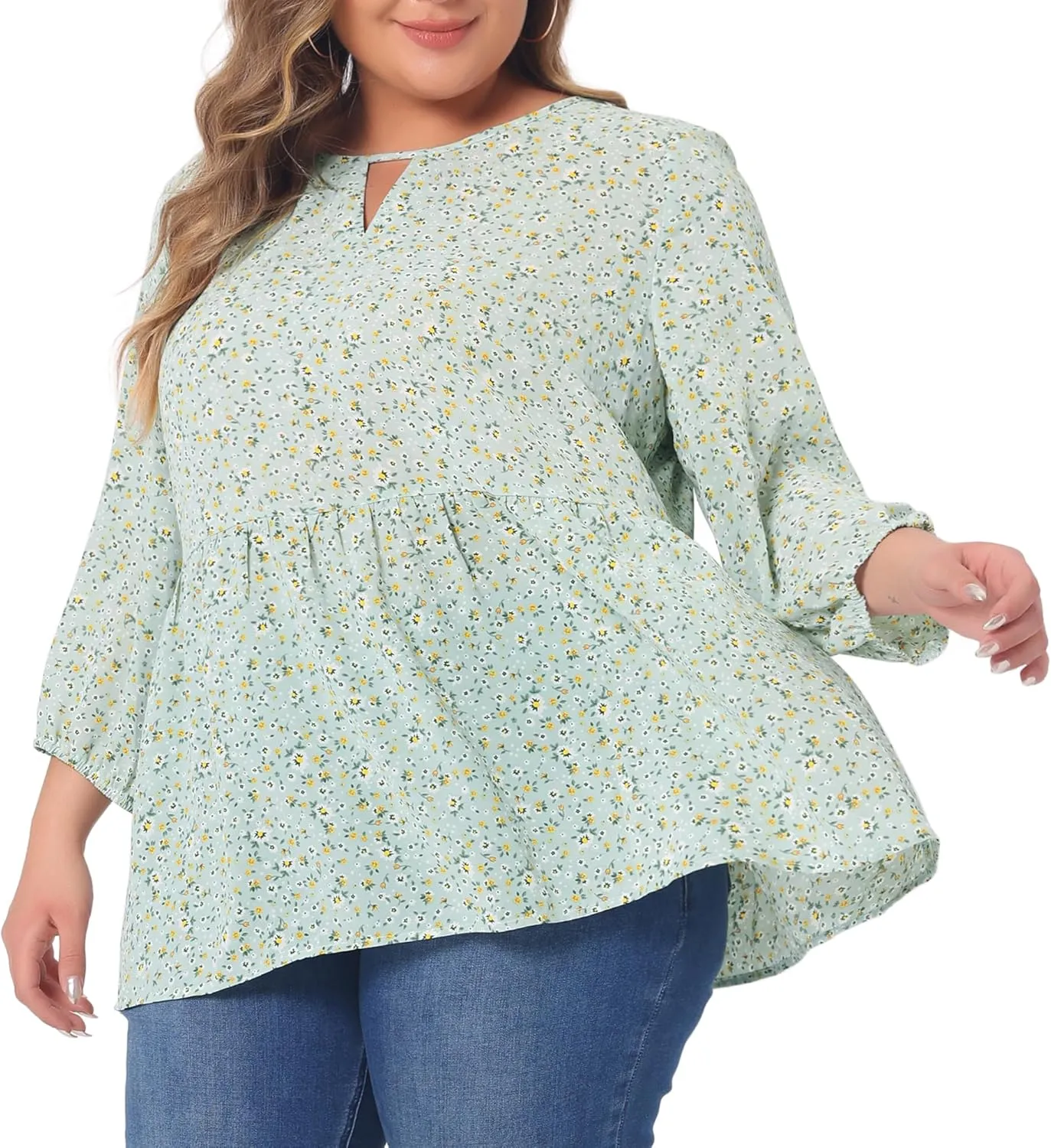 Agnes Orinda Women's Plus Size Tops 3/4 Sleeves Babydoll Chiffon Keyhole Floral Flowy Tops Blouses 2024 Shirt