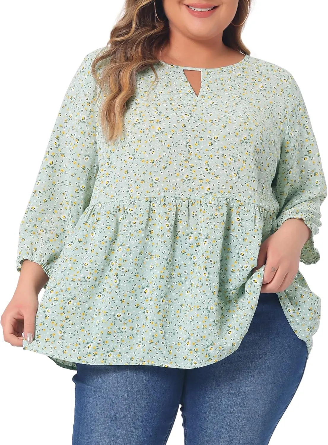 Agnes Orinda Women's Plus Size Tops 3/4 Sleeves Babydoll Chiffon Keyhole Floral Flowy Tops Blouses 2024 Shirt