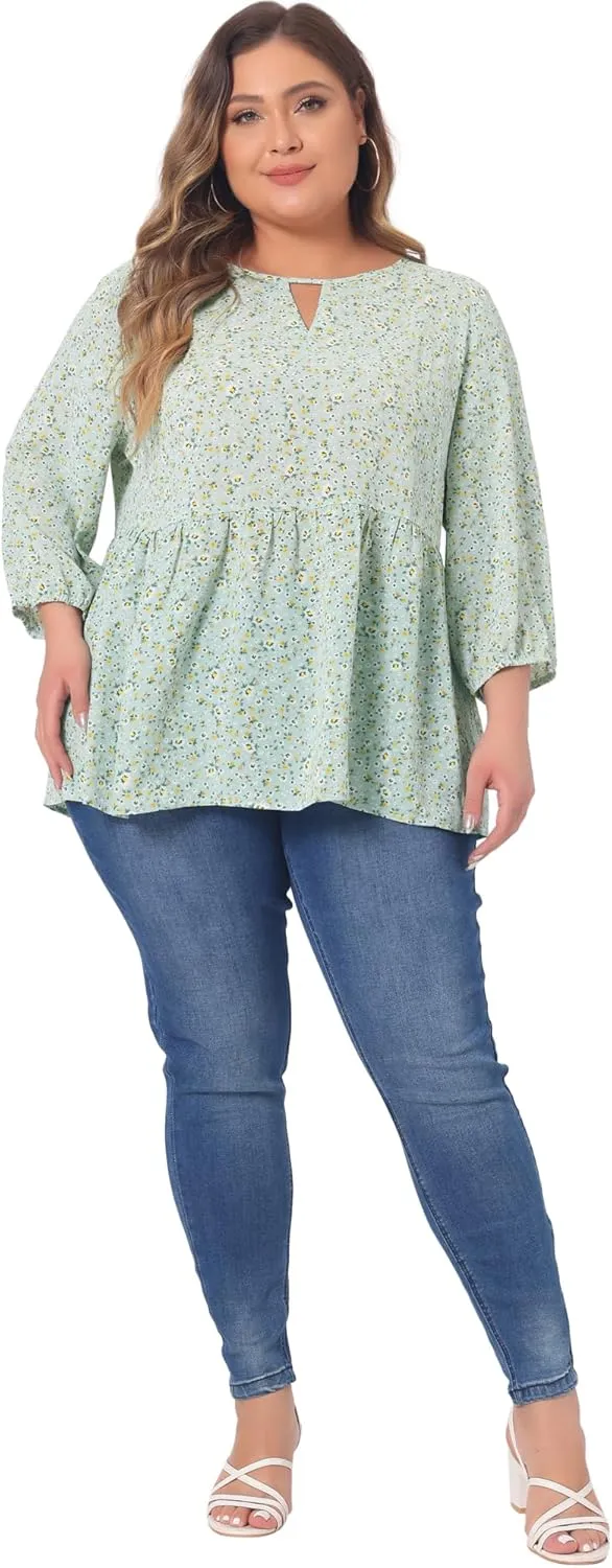 Agnes Orinda Women's Plus Size Tops 3/4 Sleeves Babydoll Chiffon Keyhole Floral Flowy Tops Blouses 2024 Shirt