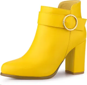 Allegra K Women's Round Toe Circle Buckle Chunky Heels Ankle Boots