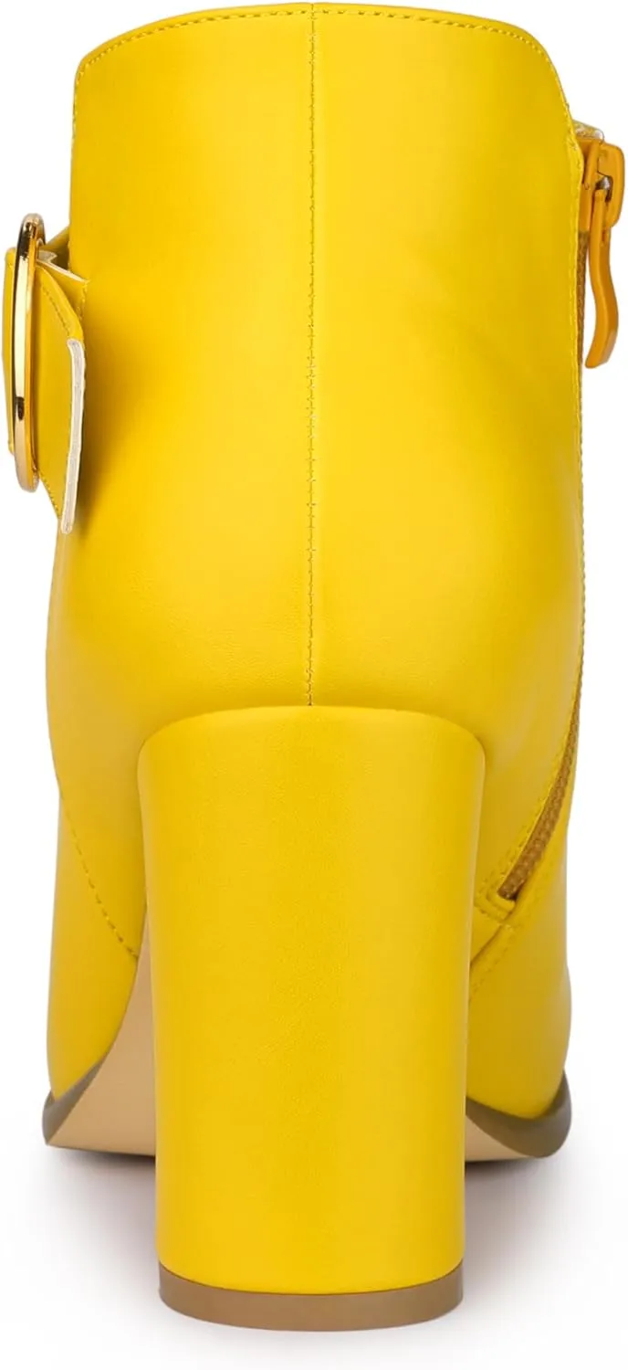 Allegra K Women's Round Toe Circle Buckle Chunky Heels Ankle Boots