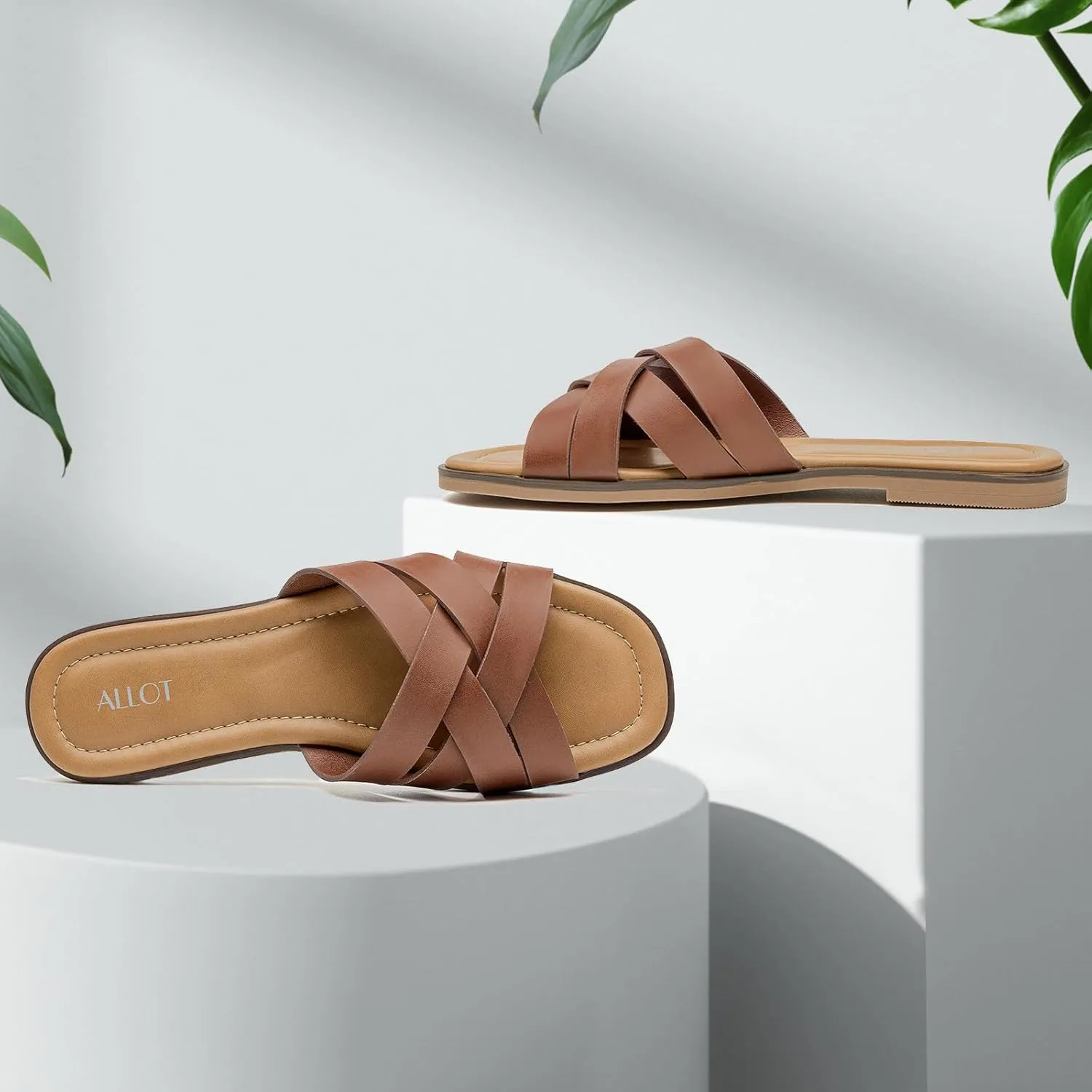 ALLOT Women's Flat Sandals Cross Straps Slides Slip On Open Toe Comfortable Summer Shoes