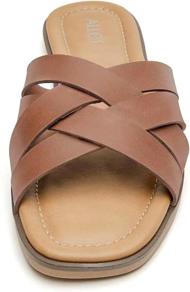 ALLOT Women's Flat Sandals Cross Straps Slides Slip On Open Toe Comfortable Summer Shoes