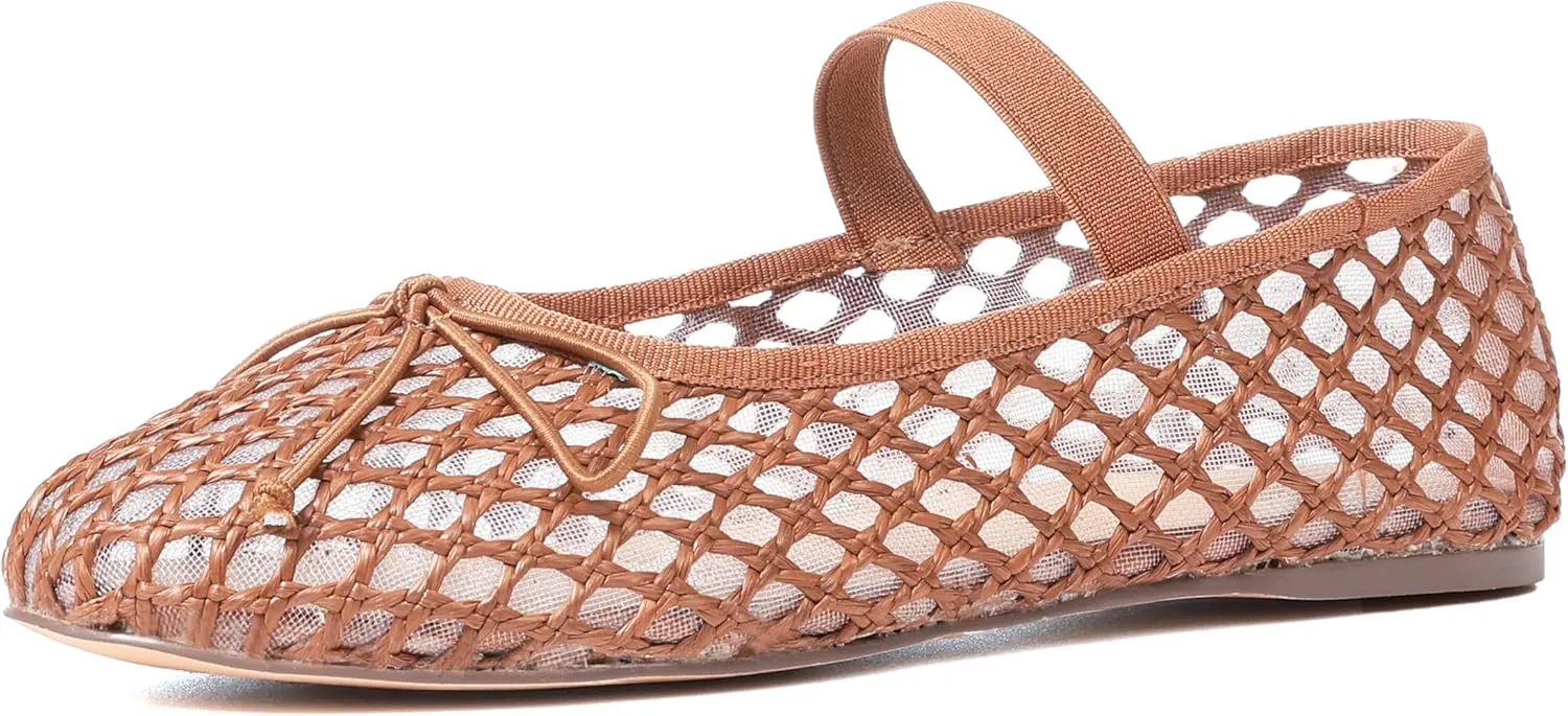 AMINUGAL Raffia Ballet Flats Shoes for Women Dressy Comfortable Woven Straw Women's Flats with Elastic Strap Mesh Flats Bows Raffia Mary Jane Flats Women Ballerina Flats for Women