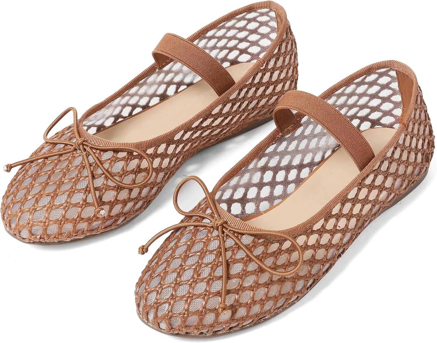 AMINUGAL Raffia Ballet Flats Shoes for Women Dressy Comfortable Woven Straw Women's Flats with Elastic Strap Mesh Flats Bows Raffia Mary Jane Flats Women Ballerina Flats for Women