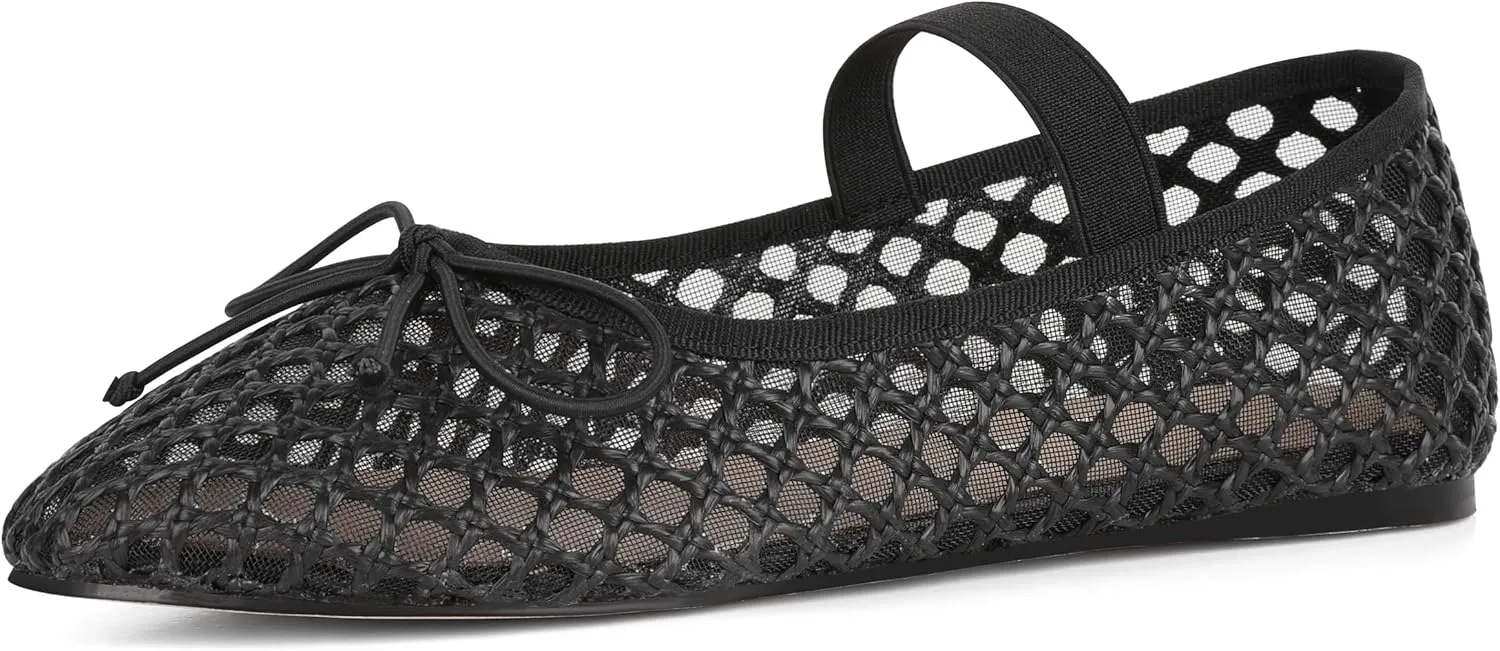 AMINUGAL Raffia Ballet Flats Shoes for Women Dressy Comfortable Woven Straw Women's Flats with Elastic Strap Mesh Flats Bows Raffia Mary Jane Flats Women Ballerina Flats for Women