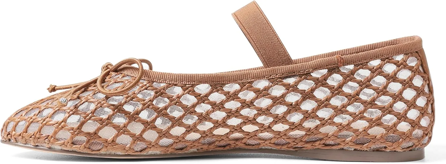 AMINUGAL Raffia Ballet Flats Shoes for Women Dressy Comfortable Woven Straw Women's Flats with Elastic Strap Mesh Flats Bows Raffia Mary Jane Flats Women Ballerina Flats for Women
