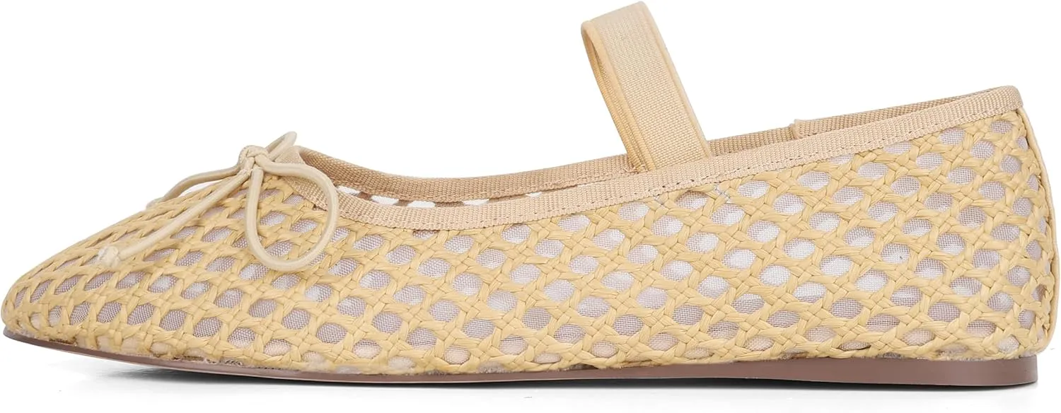 AMINUGAL Raffia Ballet Flats Shoes for Women Dressy Comfortable Woven Straw Women's Flats with Elastic Strap Mesh Flats Bows Raffia Mary Jane Flats Women Ballerina Flats for Women