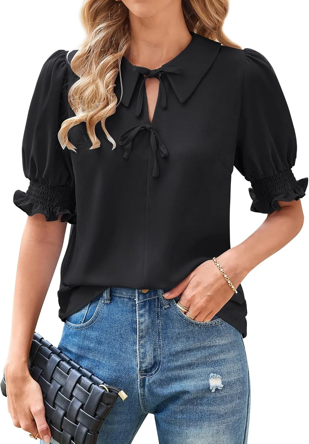 Angashion Women Tops Short Sleeve - Summer Casual V Neck Solid Color Flowy Trendy Tunic Blouses Shirt