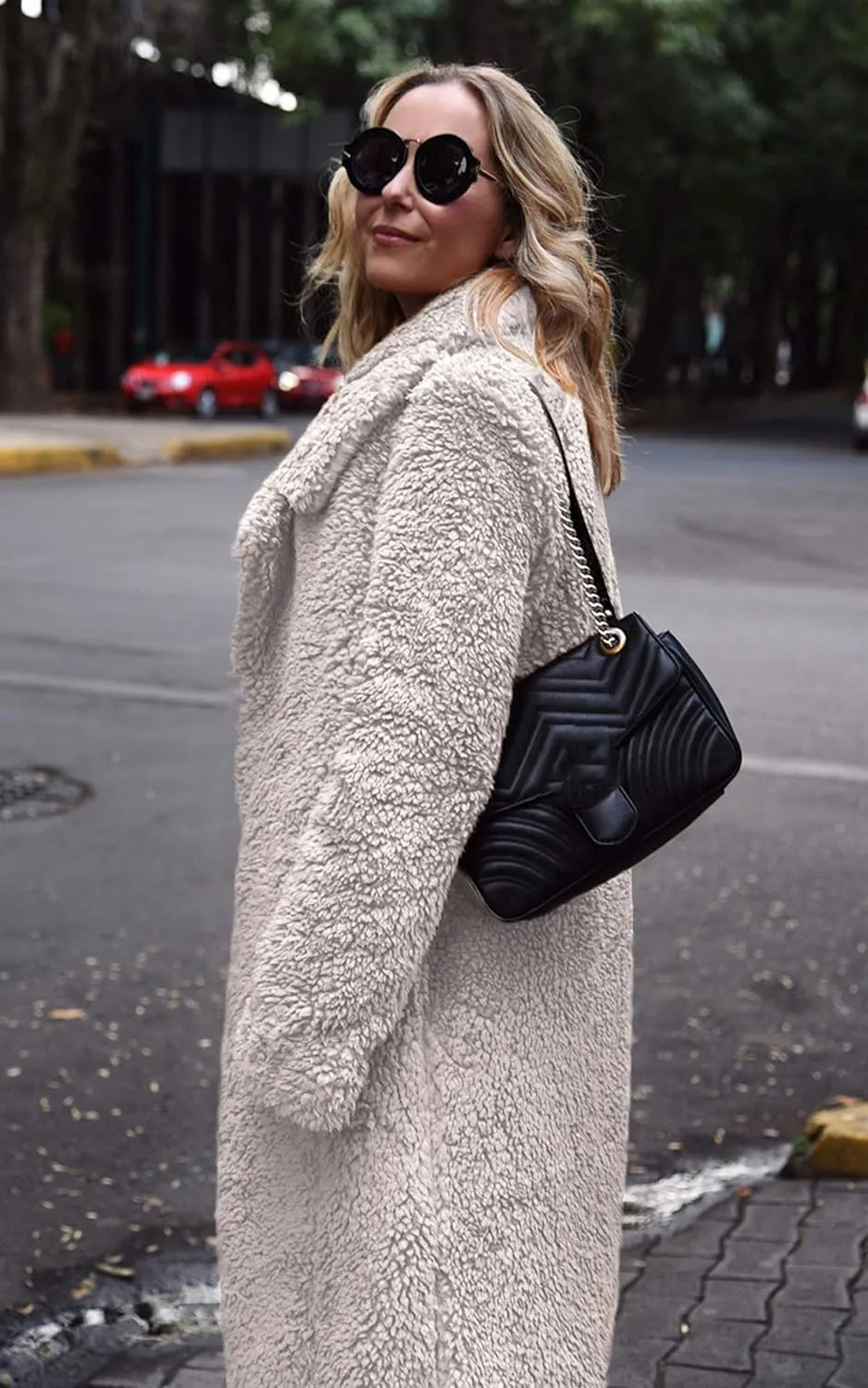 Angashion Women's Fuzzy Fleece Lapel Open Front Long Cardigan Coat Faux Fur Warm Winter Outwear Jackets