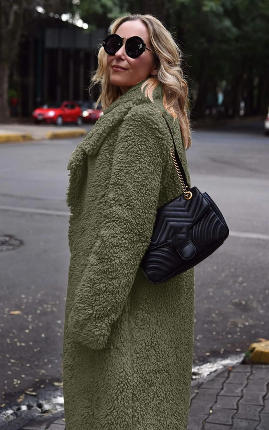 Angashion Women's Fuzzy Fleece Lapel Open Front Long Cardigan Coat Faux Fur Warm Winter Outwear Jackets