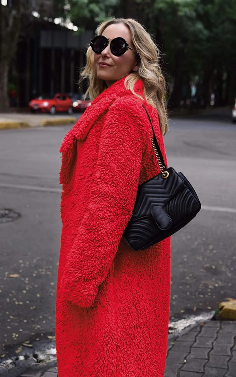 Angashion Women's Fuzzy Fleece Lapel Open Front Long Cardigan Coat Faux Fur Warm Winter Outwear Jackets