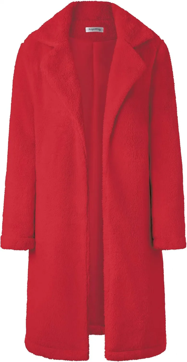 Angashion Women's Fuzzy Fleece Lapel Open Front Long Cardigan Coat Faux Fur Warm Winter Outwear Jackets
