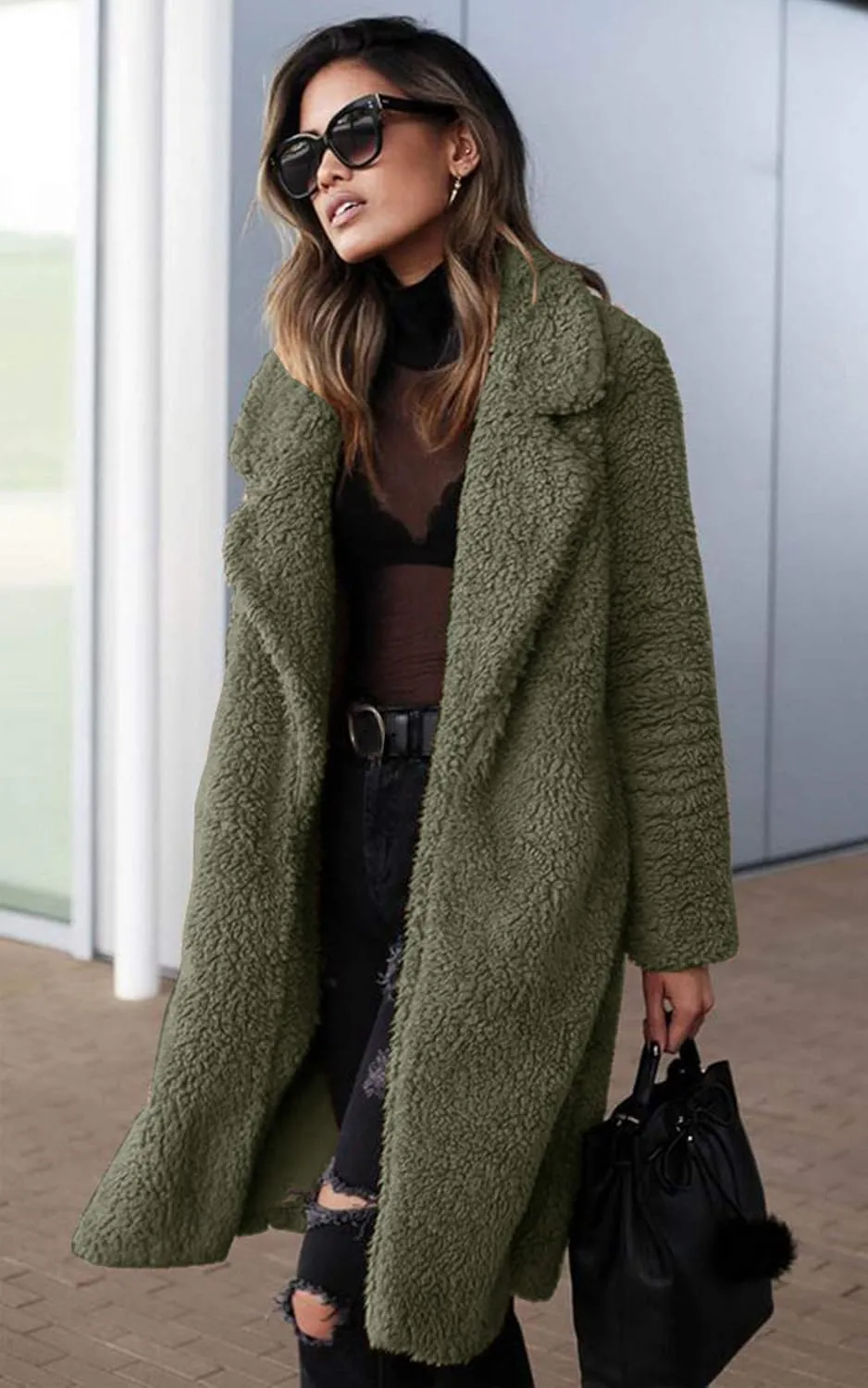 Angashion Women's Fuzzy Fleece Lapel Open Front Long Cardigan Coat Faux Fur Warm Winter Outwear Jackets