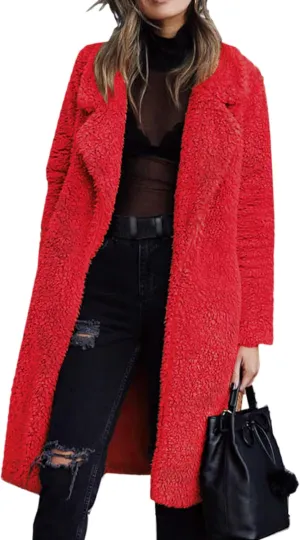 Angashion Women's Fuzzy Fleece Lapel Open Front Long Cardigan Coat Faux Fur Warm Winter Outwear Jackets