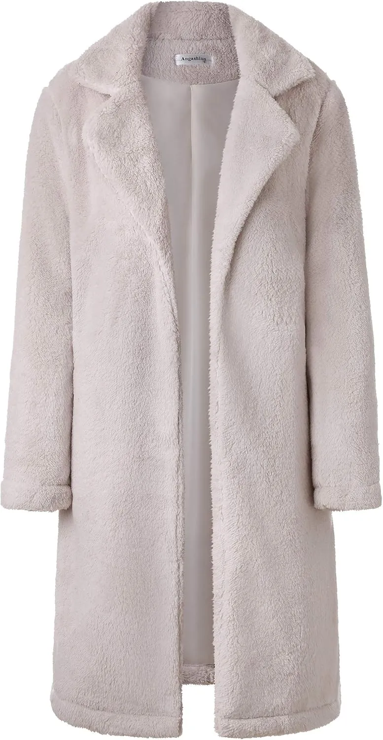 Angashion Women's Fuzzy Fleece Lapel Open Front Long Cardigan Coat Faux Fur Warm Winter Outwear Jackets
