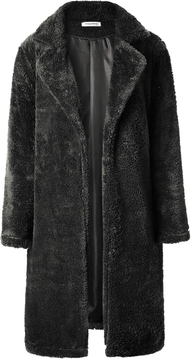 Angashion Women's Fuzzy Fleece Lapel Open Front Long Cardigan Coat Faux Fur Warm Winter Outwear Jackets