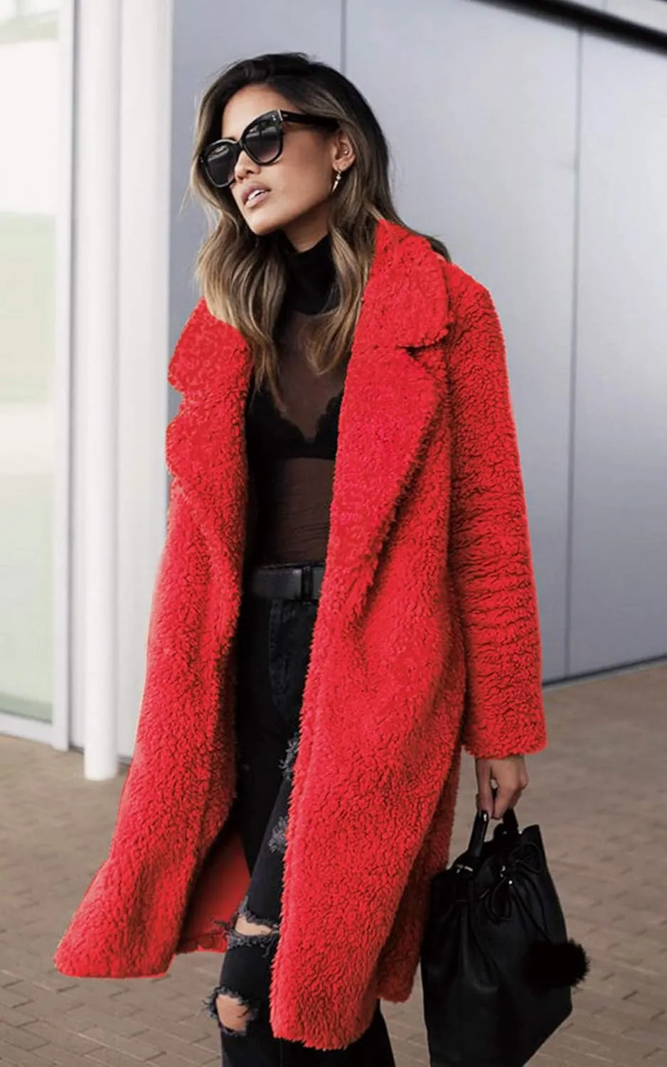 Angashion Women's Fuzzy Fleece Lapel Open Front Long Cardigan Coat Faux Fur Warm Winter Outwear Jackets