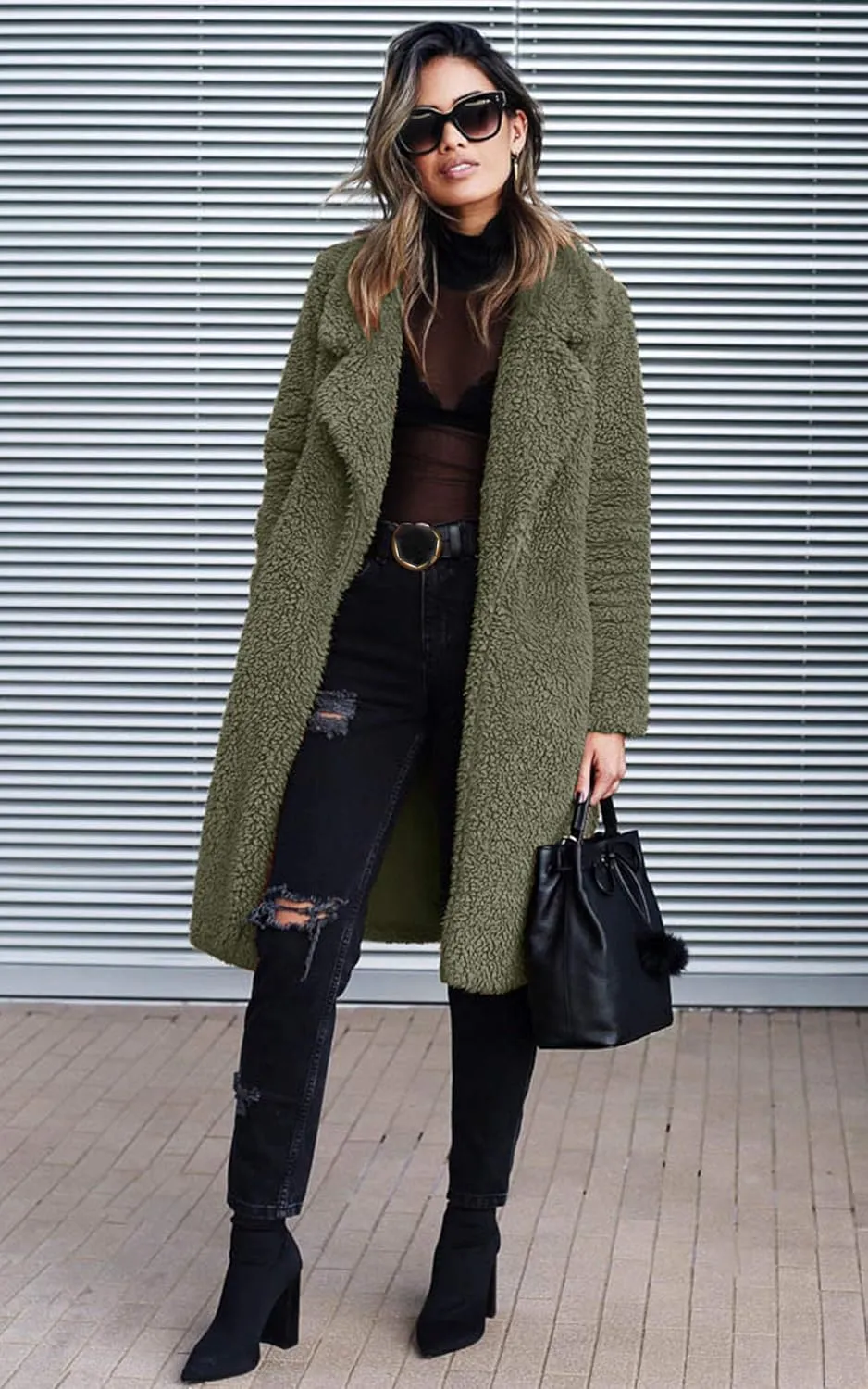 Angashion Women's Fuzzy Fleece Lapel Open Front Long Cardigan Coat Faux Fur Warm Winter Outwear Jackets
