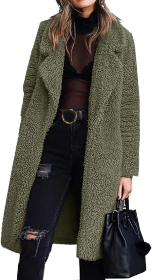 Angashion Women's Fuzzy Fleece Lapel Open Front Long Cardigan Coat Faux Fur Warm Winter Outwear Jackets