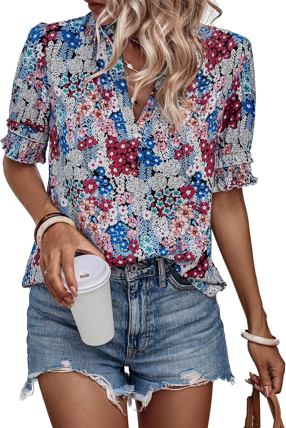 Angashion Womens Tops, Summer Casual Short Sleeve V Neck Solid Flowy Top Loose Tunic Blouses Shirts