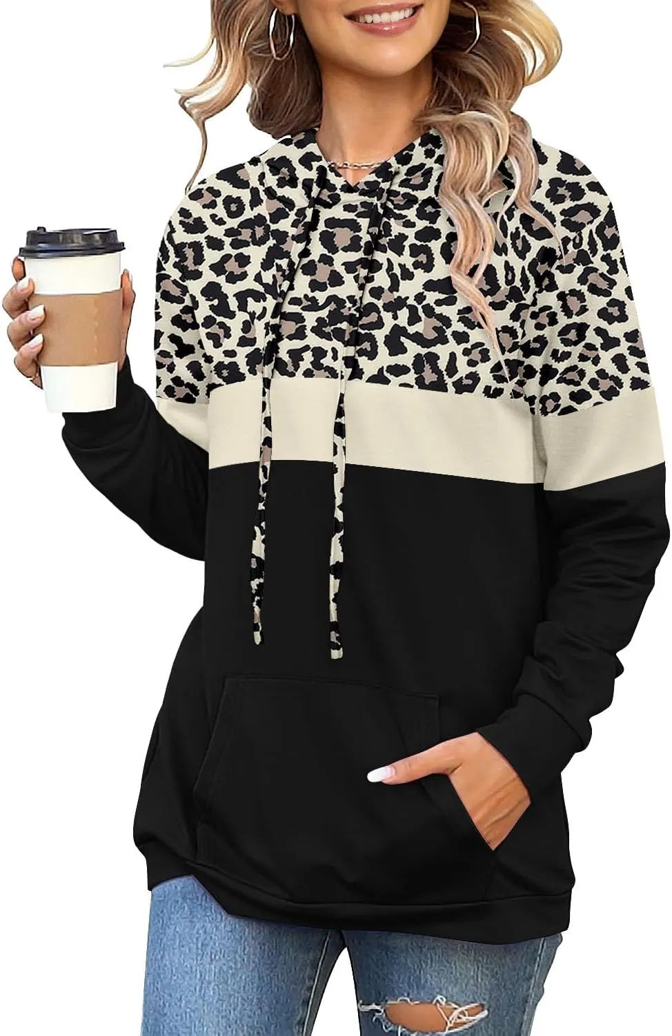 Angerella Hoodies for Women Camo Leopard Print Tops Pullover Hooded Sweatshirt Drawstring with Pocket