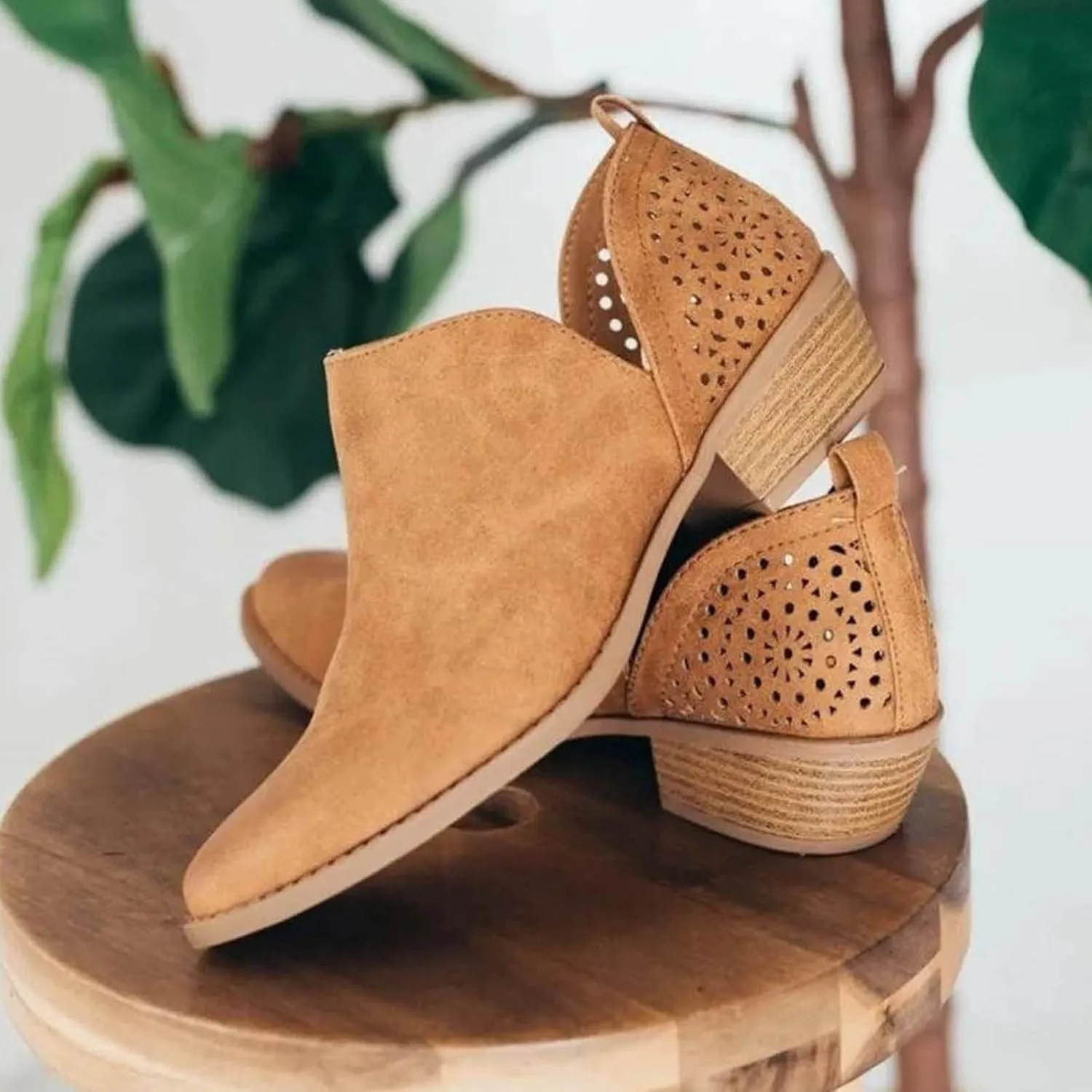 Ankle Boots for Women, Casual Perforated Side V Cut Low Heel Cut Out Slip On Short Chunky Stacked Heel Western Boots