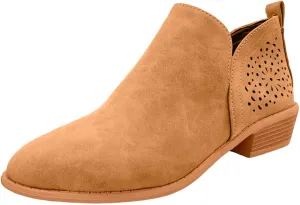 Ankle Boots for Women, Casual Perforated Side V Cut Low Heel Cut Out Slip On Short Chunky Stacked Heel Western Boots