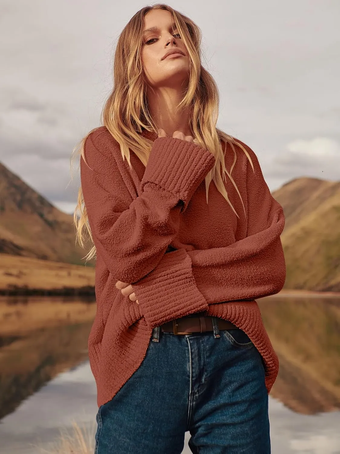 ANRABESS Women's Oversized Crewneck Long Sleeve Fuzzy Knit Casual Chunky Warm 2025 Fall Pullover Sweaters Top Trendy Outfits