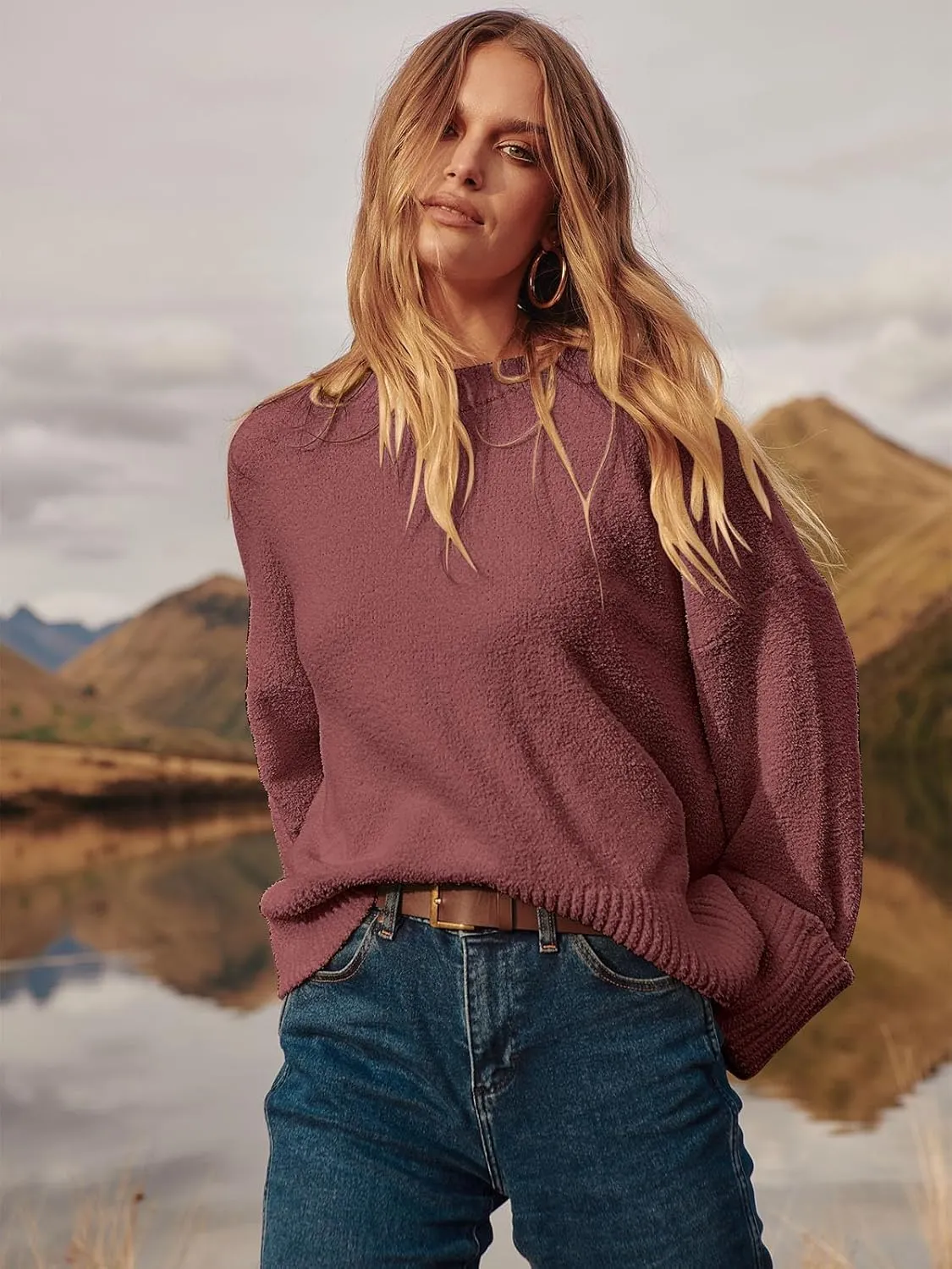 ANRABESS Women's Oversized Crewneck Long Sleeve Fuzzy Knit Casual Chunky Warm 2025 Fall Pullover Sweaters Top Trendy Outfits