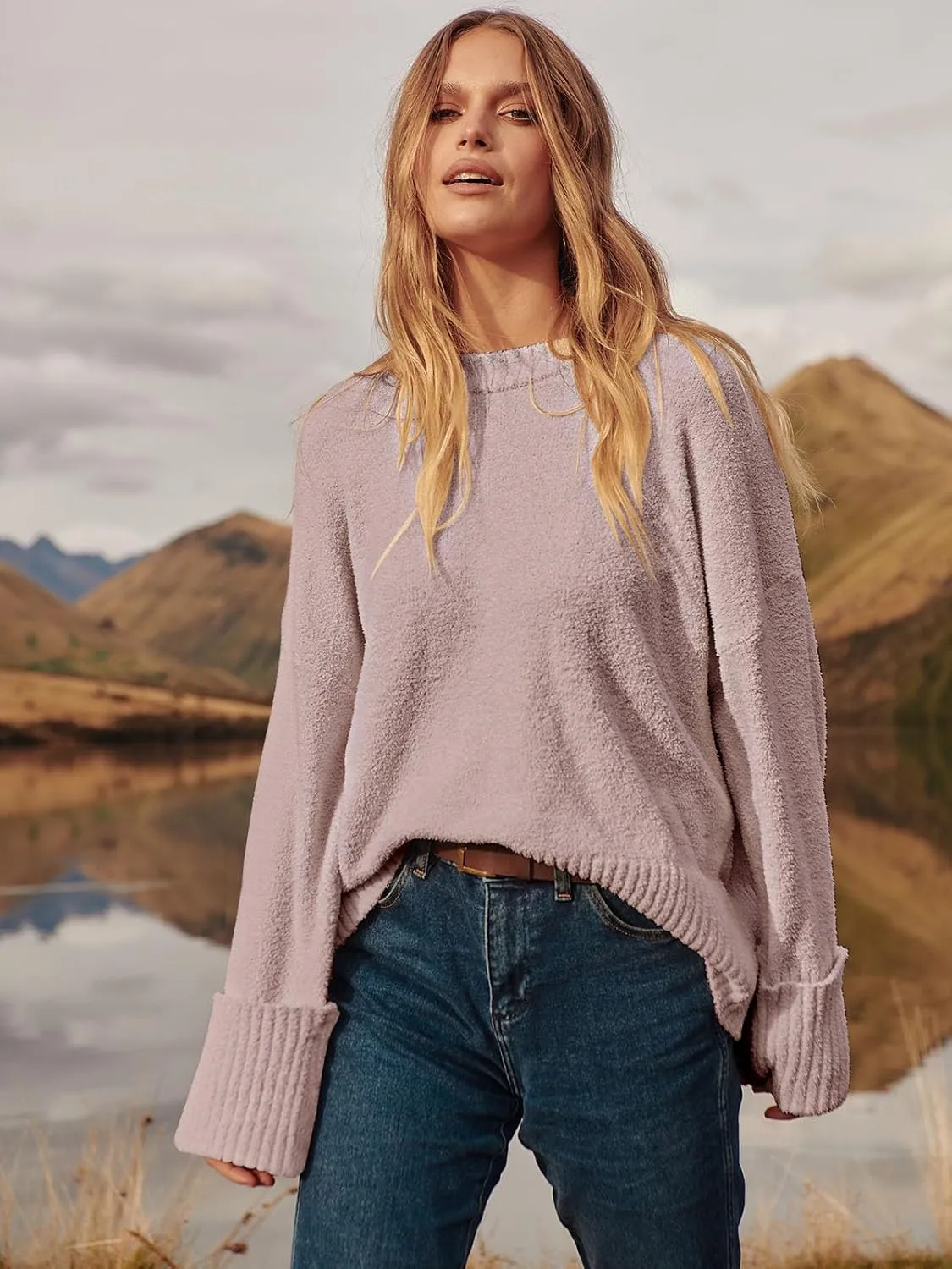 ANRABESS Women's Oversized Crewneck Long Sleeve Fuzzy Knit Casual Chunky Warm 2025 Fall Pullover Sweaters Top Trendy Outfits