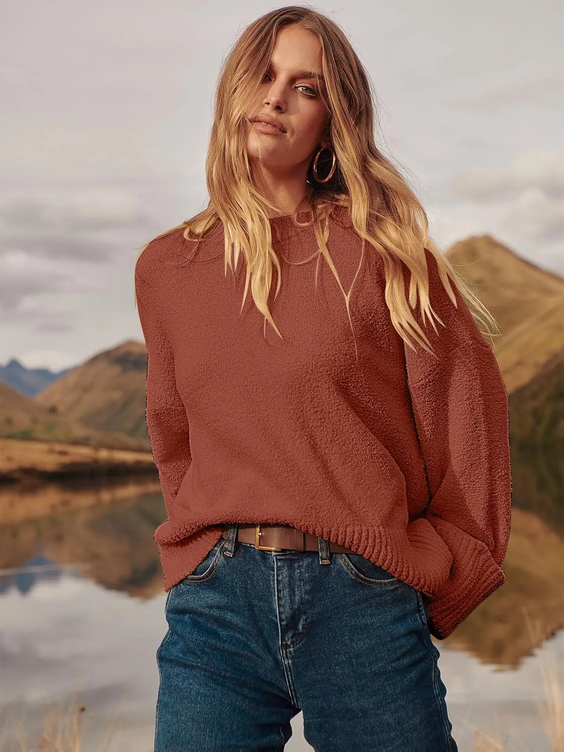 ANRABESS Women's Oversized Crewneck Long Sleeve Fuzzy Knit Casual Chunky Warm 2025 Fall Pullover Sweaters Top Trendy Outfits