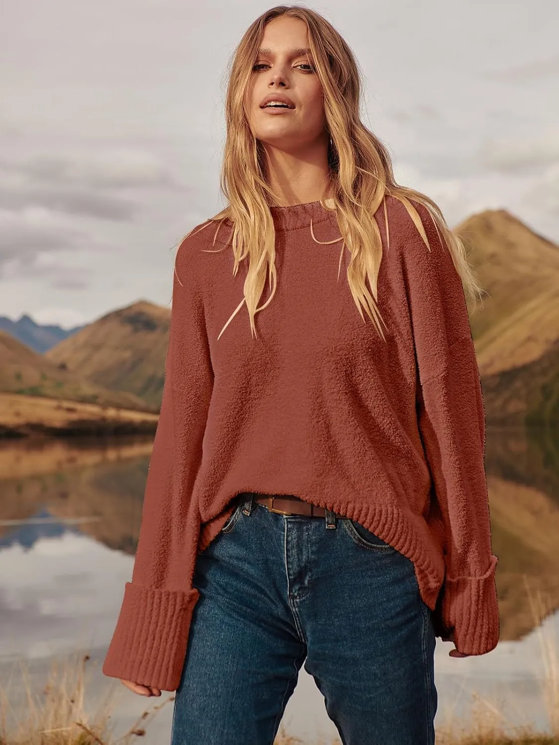 ANRABESS Women's Oversized Crewneck Long Sleeve Fuzzy Knit Casual Chunky Warm 2025 Fall Pullover Sweaters Top Trendy Outfits