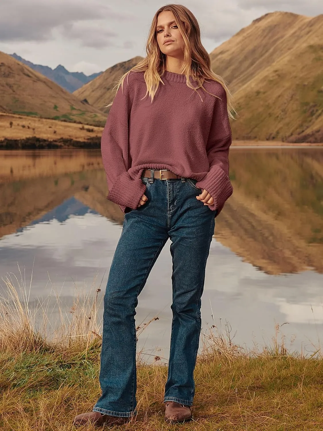 ANRABESS Women's Oversized Crewneck Long Sleeve Fuzzy Knit Casual Chunky Warm 2025 Fall Pullover Sweaters Top Trendy Outfits