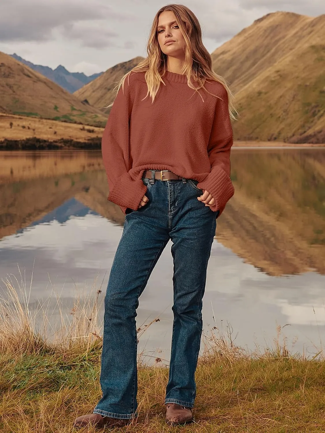 ANRABESS Women's Oversized Crewneck Long Sleeve Fuzzy Knit Casual Chunky Warm 2025 Fall Pullover Sweaters Top Trendy Outfits